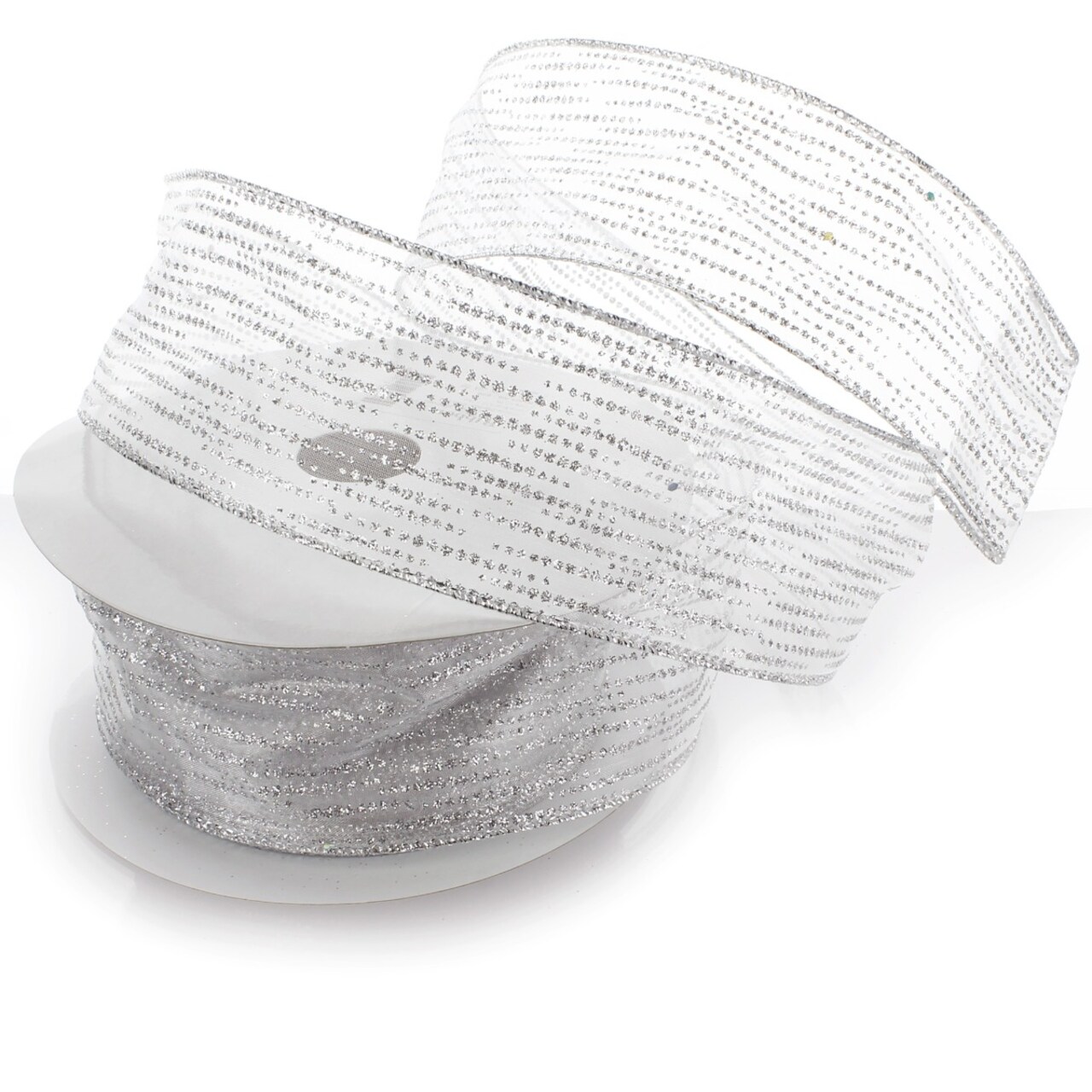 2 1/2" Wired Ribbon Horizontal Glitter/Sequin Stripes Sheer Silver - 25 Yards